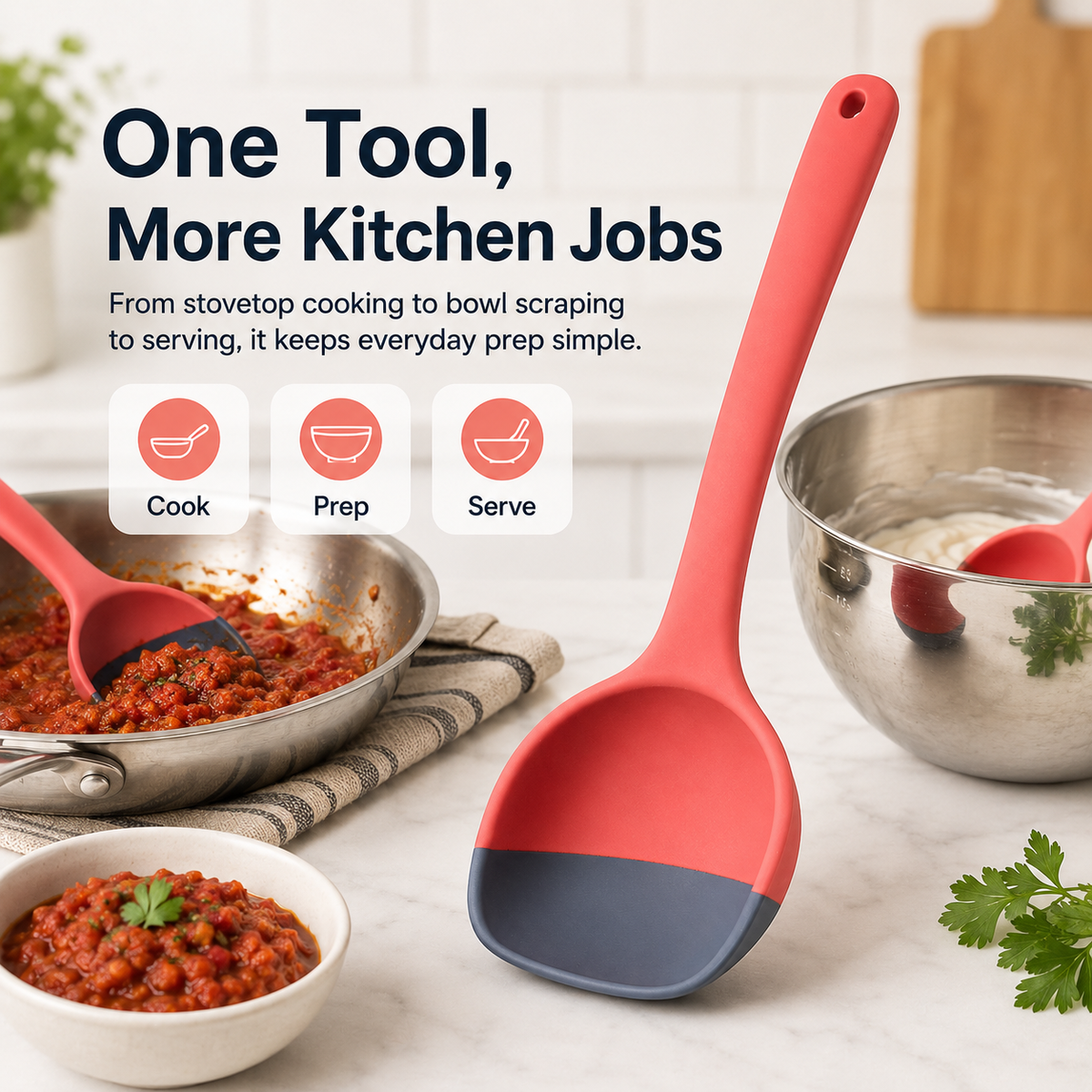 2-in-1 Silicone Scoop & Scraper Spoon – Multi-Purpose Cooking & Serving Utensil