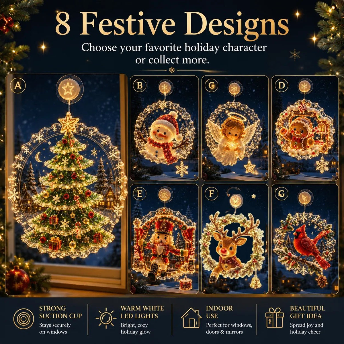 🏅 2026 Best Seller ✨🎄Lighted Christmas Window Decoration with Suction Cup Flat Version | Warm LED Window Light with Double-Layer Design & Multiple Festive Styles ✨