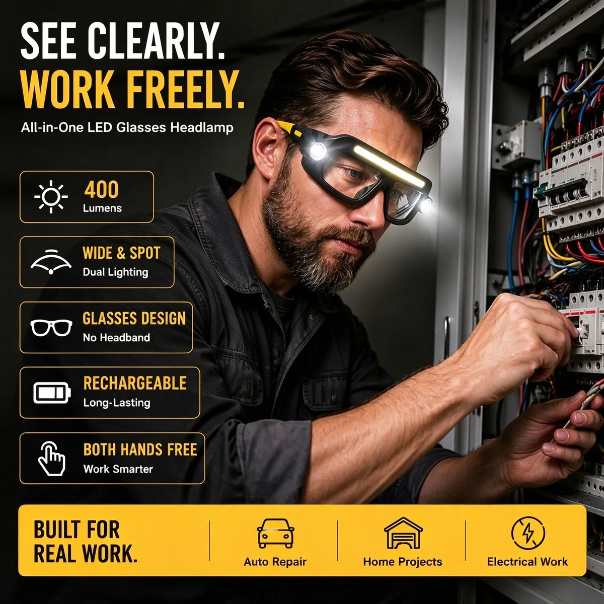 Rechargeable LED Headlamp Glasses - Hand-Wave Sense, Type-C USB Charging 🕶️