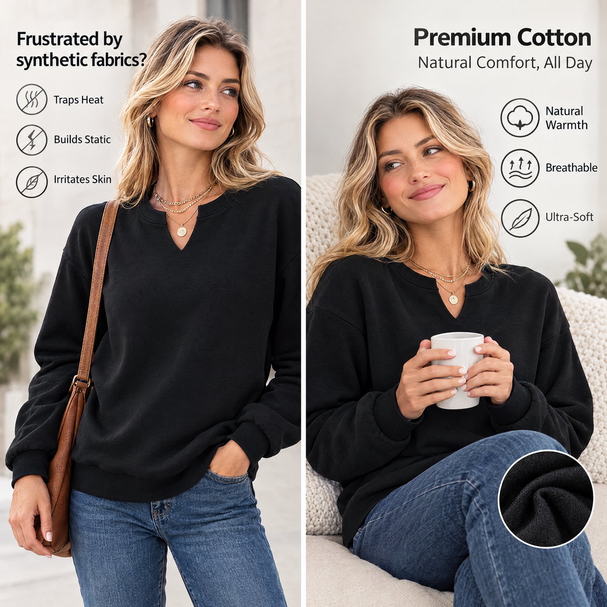 Women’s Solid-Color Small V-Neck Pullover Sweatshirt for Autumn/Winter, Made of Cotton 🍂