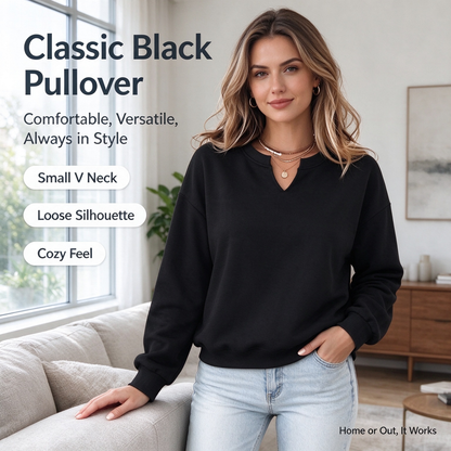 Women’s Solid-Color Small V-Neck Pullover Sweatshirt for Autumn/Winter, Made of Cotton 🍂