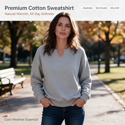 Women’s Solid-Color Small V-Neck Pullover Sweatshirt for Autumn/Winter, Made of Cotton 🍂