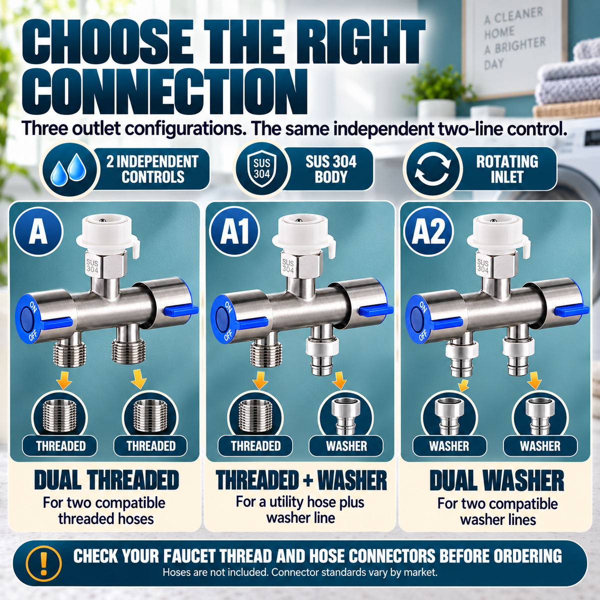 🚿 SUS 304 Dual-Control Faucet Splitter – 2-Way Hose & Washing Machine Adapter