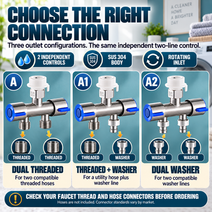 🚿 SUS 304 Dual-Control Faucet Splitter – 2-Way Hose & Washing Machine Adapter