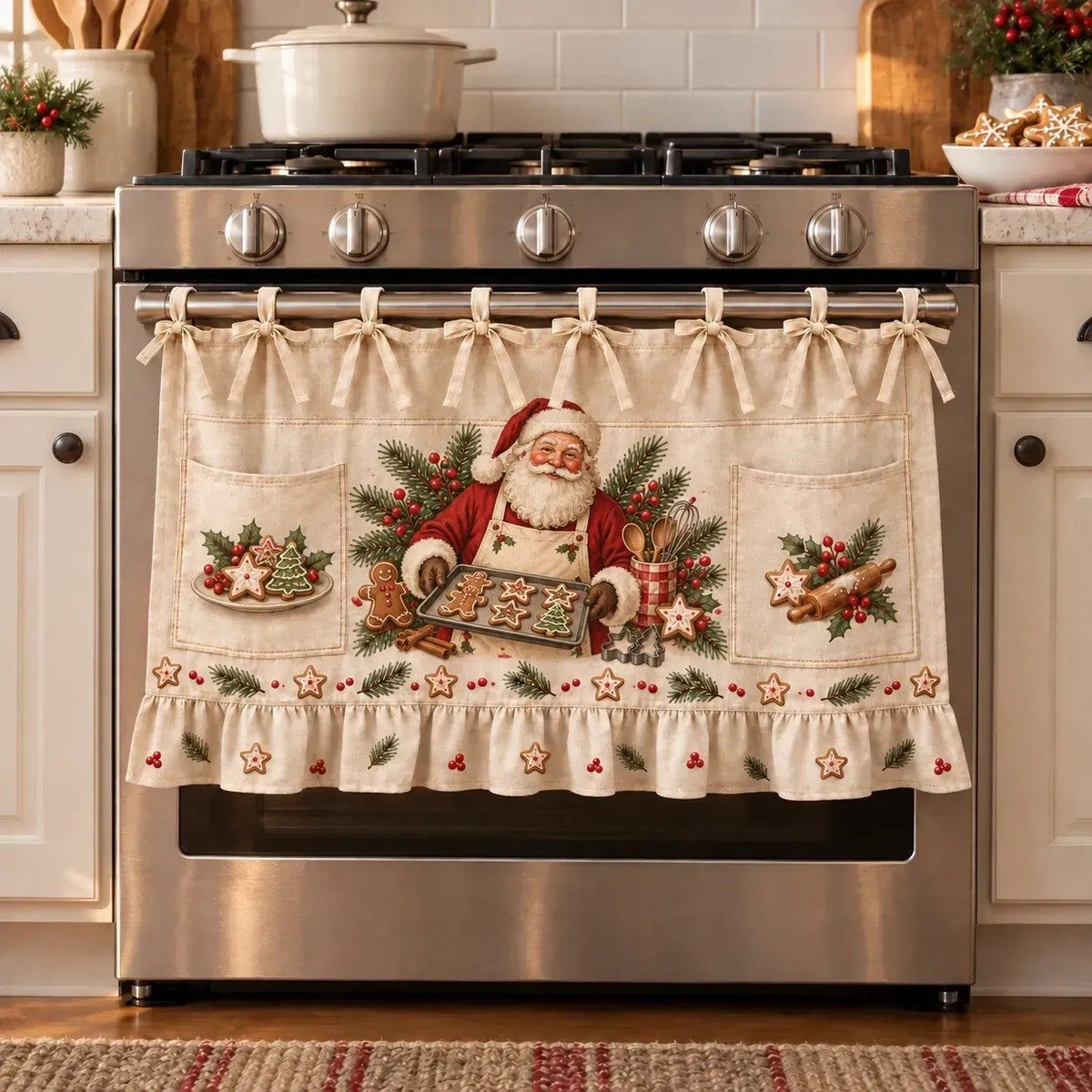 🎄 Christmas Kitchen Tie-On Skirt | Festive Holiday Designs with Pockets & Ruffled Trim