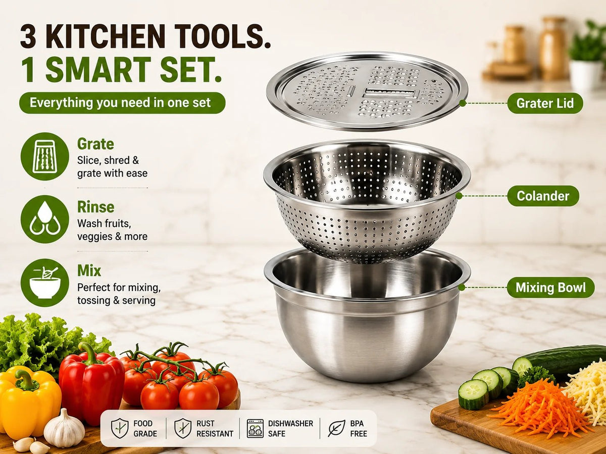 3-in-1 Stainless Steel Kitchen Prep Set – Grater, Colander & Mixing Bowl
