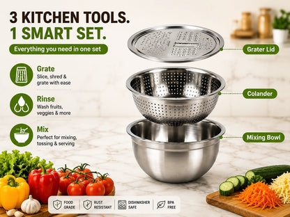 3-in-1 Stainless Steel Kitchen Prep Set – Grater, Colander & Mixing Bowl