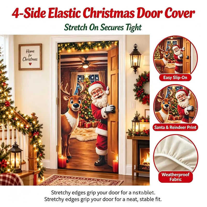 Christmas Door Cover - Stretch Fit Santa & Reindeer Door Decoration with 4-Side Elastic Edges🎅
