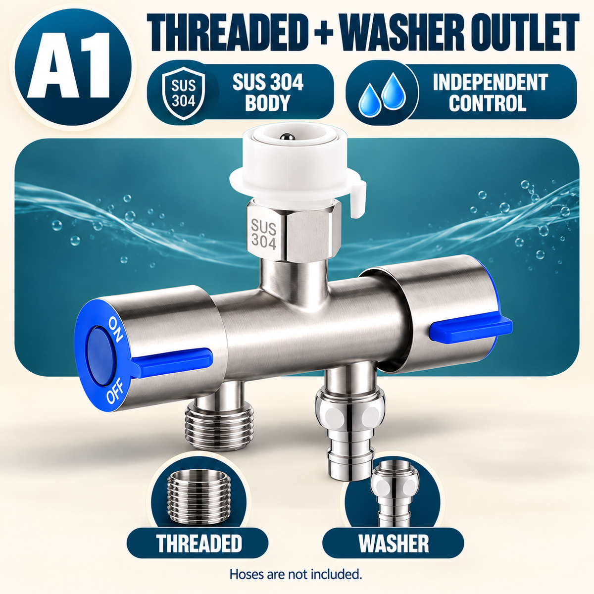 🚿 SUS 304 Dual-Control Faucet Splitter – 2-Way Hose & Washing Machine Adapter