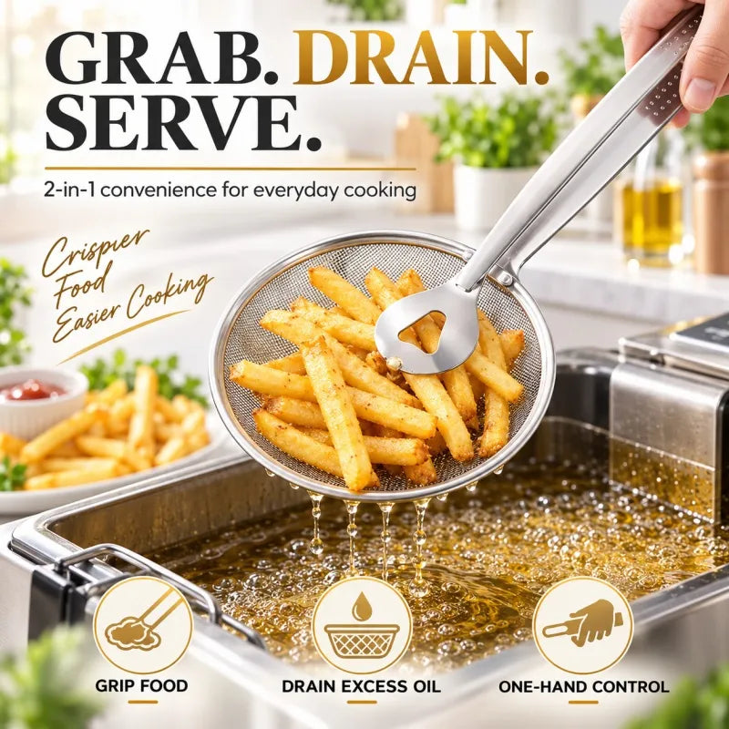 2-in-1 Spider Strainer Tongs - Stainless Steel Frying & Draining Tool