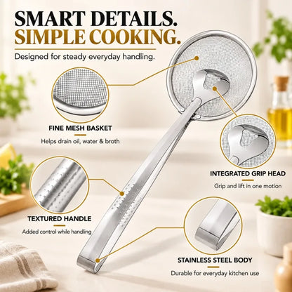 2-in-1 Spider Strainer Tongs - Stainless Steel Frying & Draining Tool