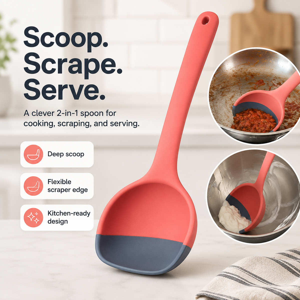 2-in-1 Silicone Scoop & Scraper Spoon – Multi-Purpose Cooking & Serving Utensil