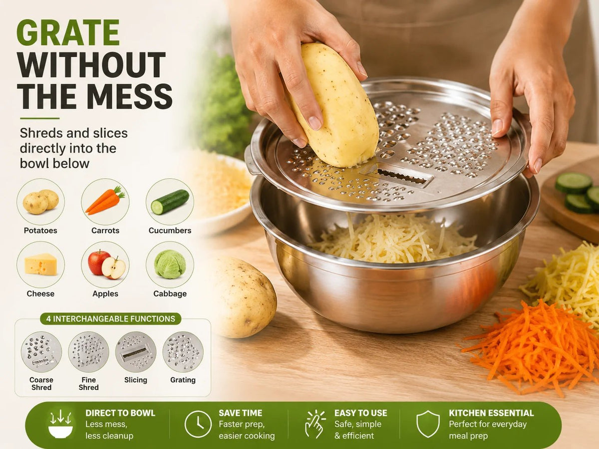 3-in-1 Stainless Steel Kitchen Prep Set – Grater, Colander & Mixing Bowl