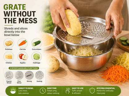3-in-1 Stainless Steel Kitchen Prep Set – Grater, Colander & Mixing Bowl