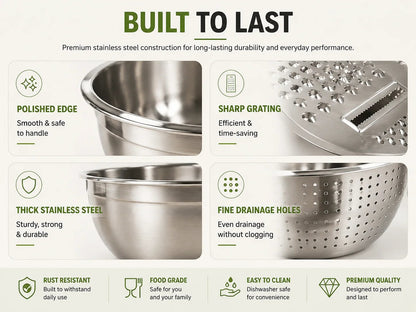 3-in-1 Stainless Steel Kitchen Prep Set – Grater, Colander & Mixing Bowl