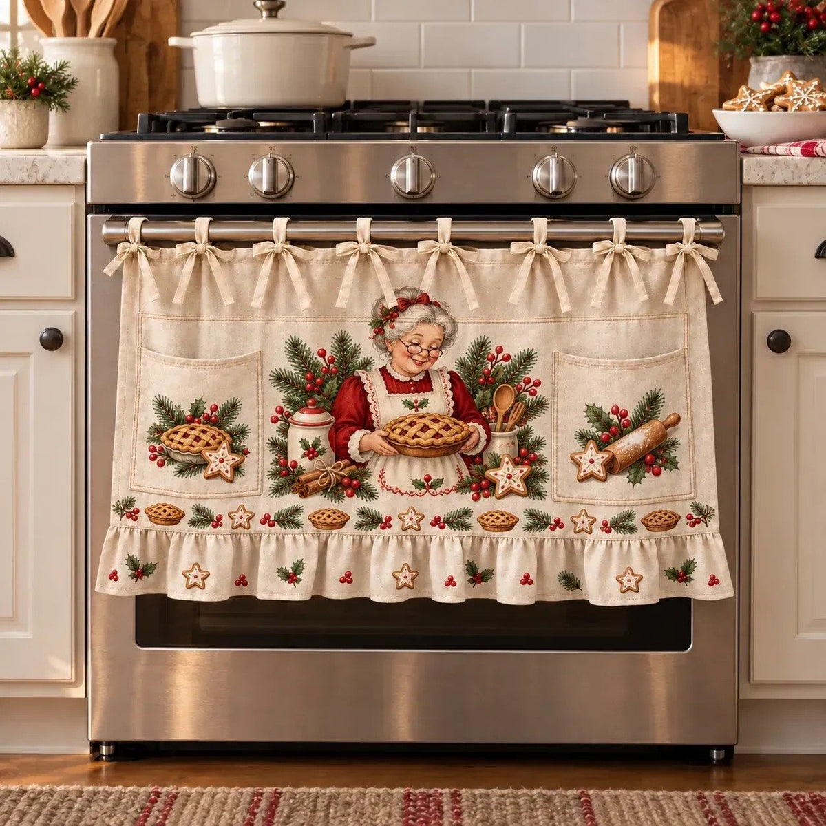 🎄 Christmas Kitchen Tie-On Skirt | Festive Holiday Designs with Pockets & Ruffled Trim
