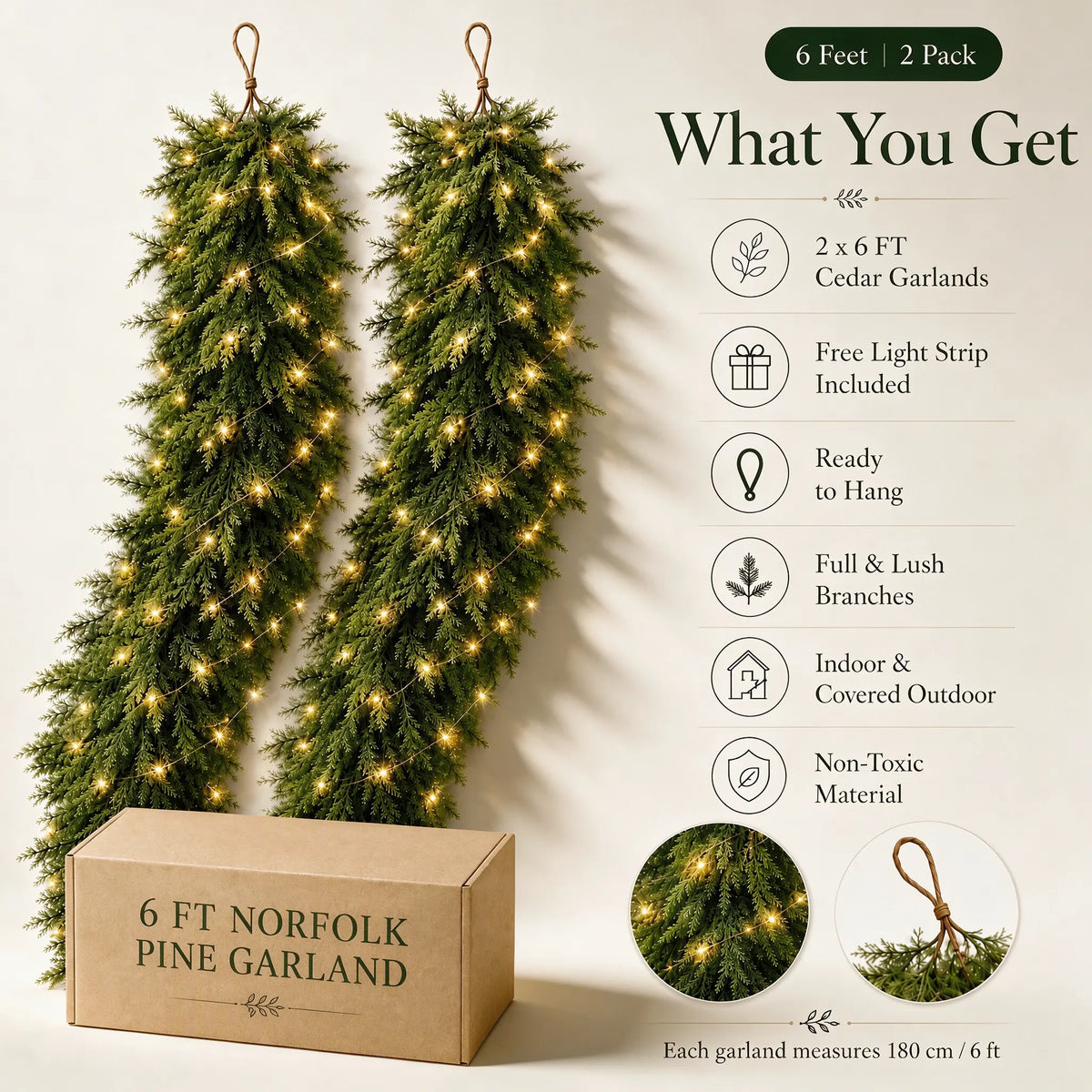 6 FT 2 PCS  Artificial Cedar Garlands, Real Touch Winter Cedar Garland🌲