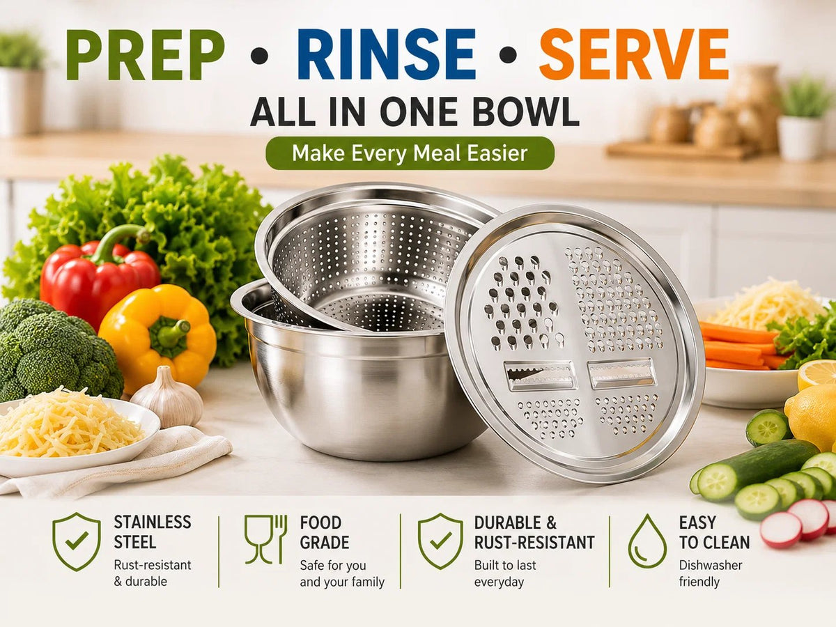3-in-1 Stainless Steel Kitchen Prep Set – Grater, Colander & Mixing Bowl