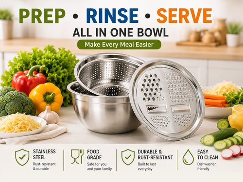 3-in-1 Stainless Steel Kitchen Prep Set – Grater, Colander & Mixing Bowl