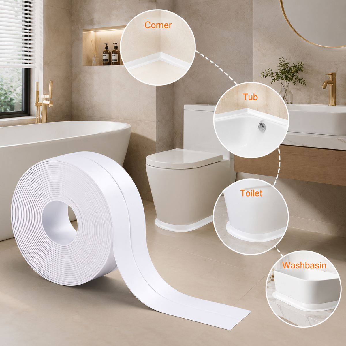 White Waterproof Caulk Seal Tape for Bathroom and Kitchen
