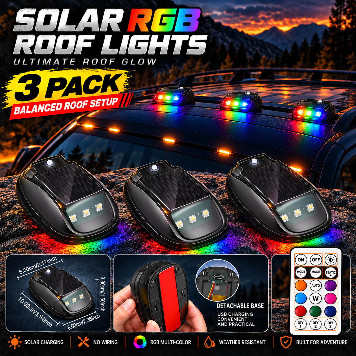 🔆Solar RGB Roof Lights 🌙with Wireless Remote, Waterproof Design & Easy Install