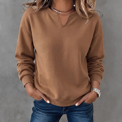 Women’s Solid-Color Small V-Neck Pullover Sweatshirt for Autumn/Winter, Made of Cotton 🍂