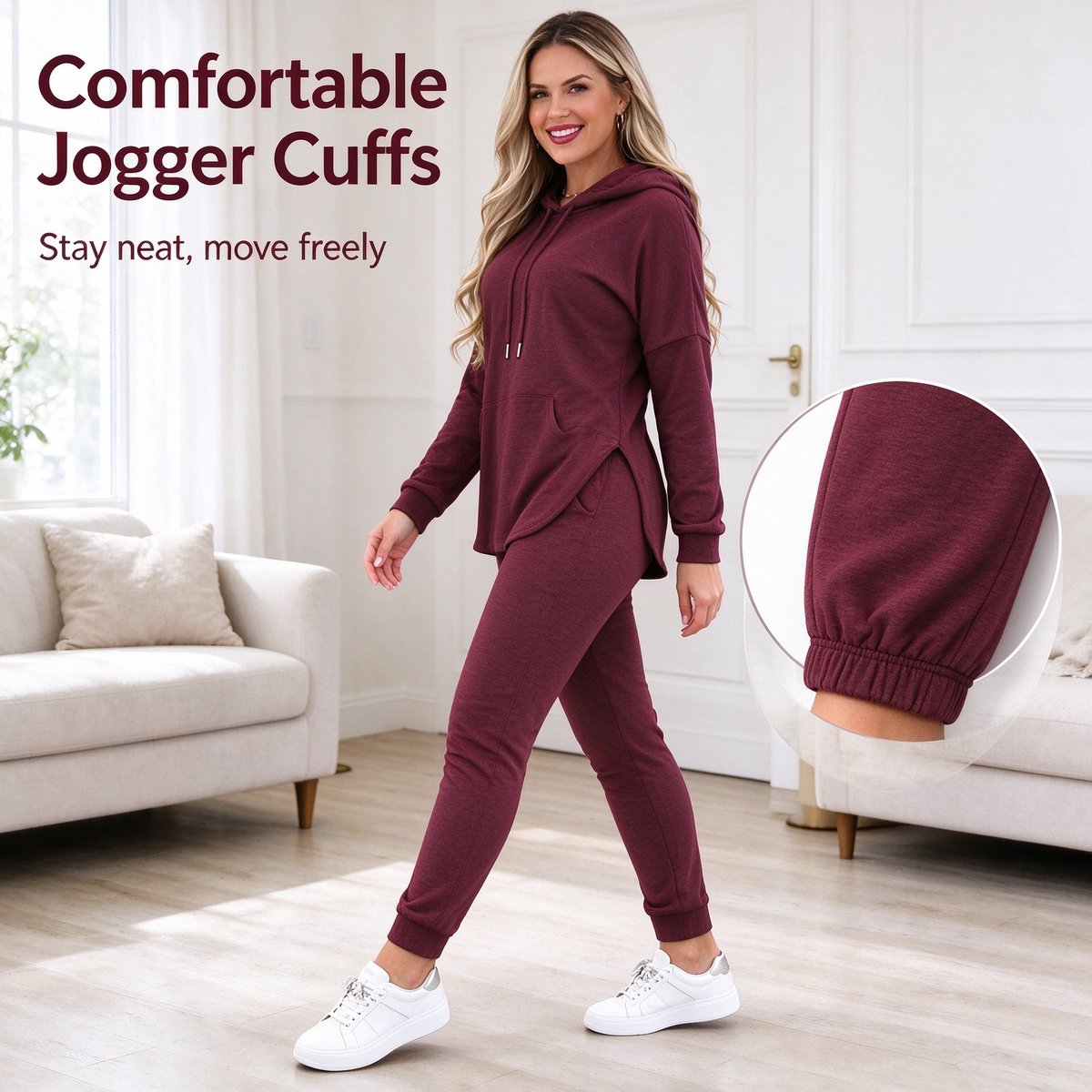 Women's Solid Basic 2-Piece Outfit, Drawstring Hooded Long Sleeve Top & Slim Fit Casual Pants 🧶