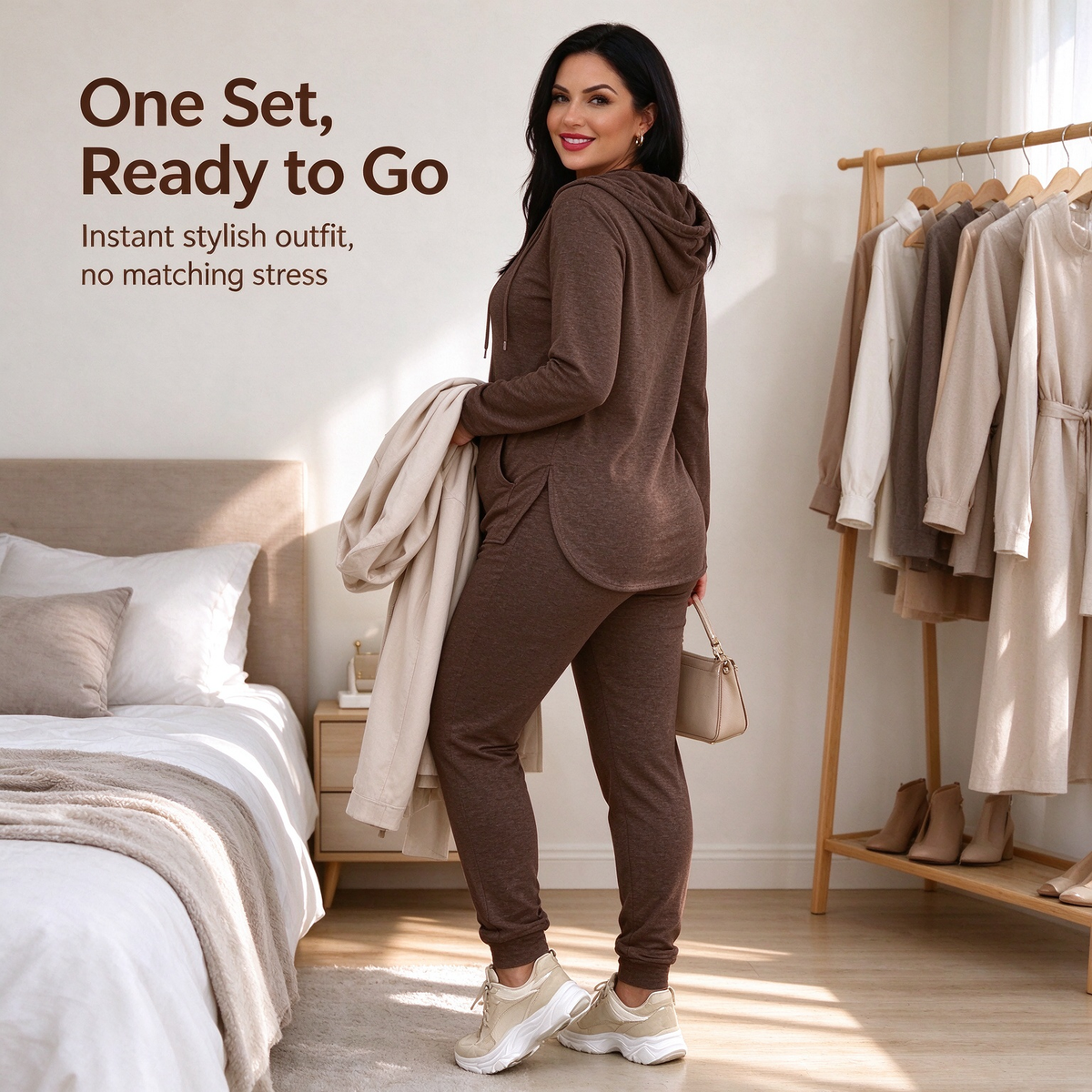 Women's Solid Basic 2-Piece Outfit, Drawstring Hooded Long Sleeve Top & Slim Fit Casual Pants 🧶