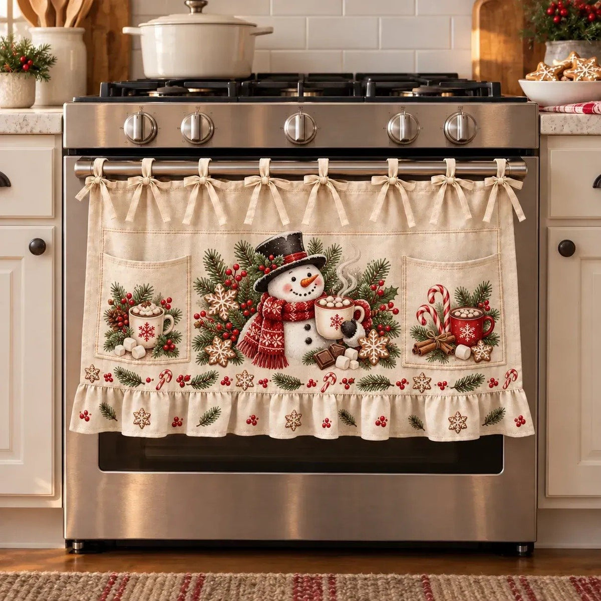🎄 Christmas Kitchen Tie-On Skirt | Festive Holiday Designs with Pockets & Ruffled Trim