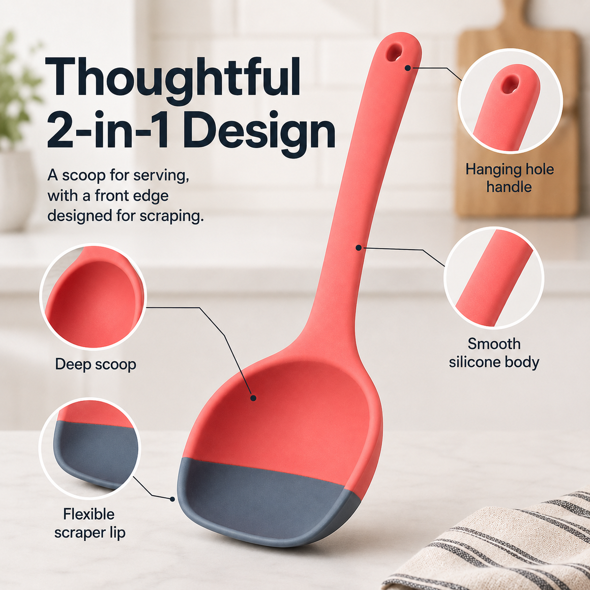 2-in-1 Silicone Scoop & Scraper Spoon – Multi-Purpose Cooking & Serving Utensil