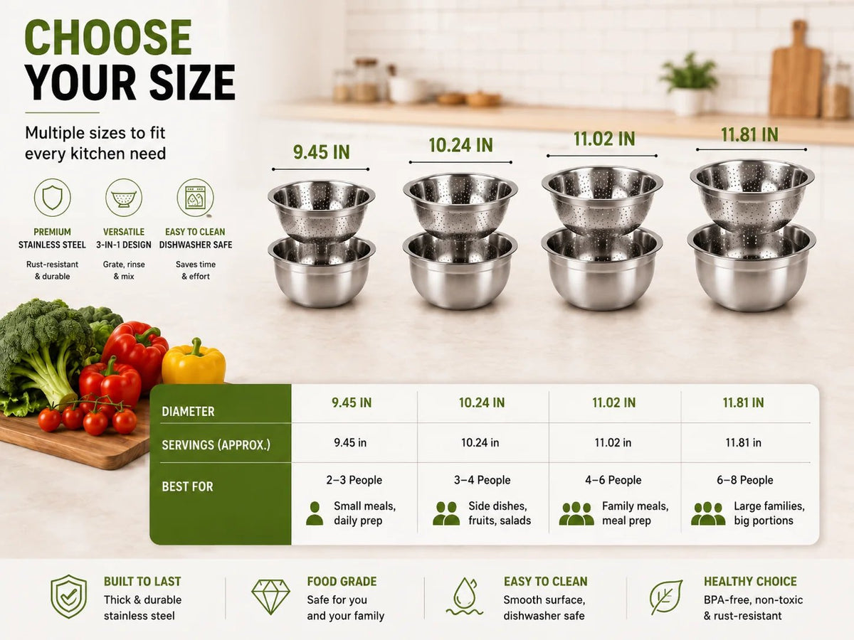 3-in-1 Stainless Steel Kitchen Prep Set – Grater, Colander & Mixing Bowl