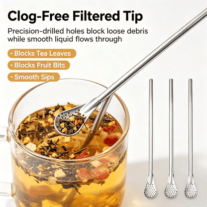3-Count Stainless Steel Straw-Spoon, Multifunctional Filtered Strainer Scoop for Yerba Mate Tea, Fruit, Beverage, Coffee🥤