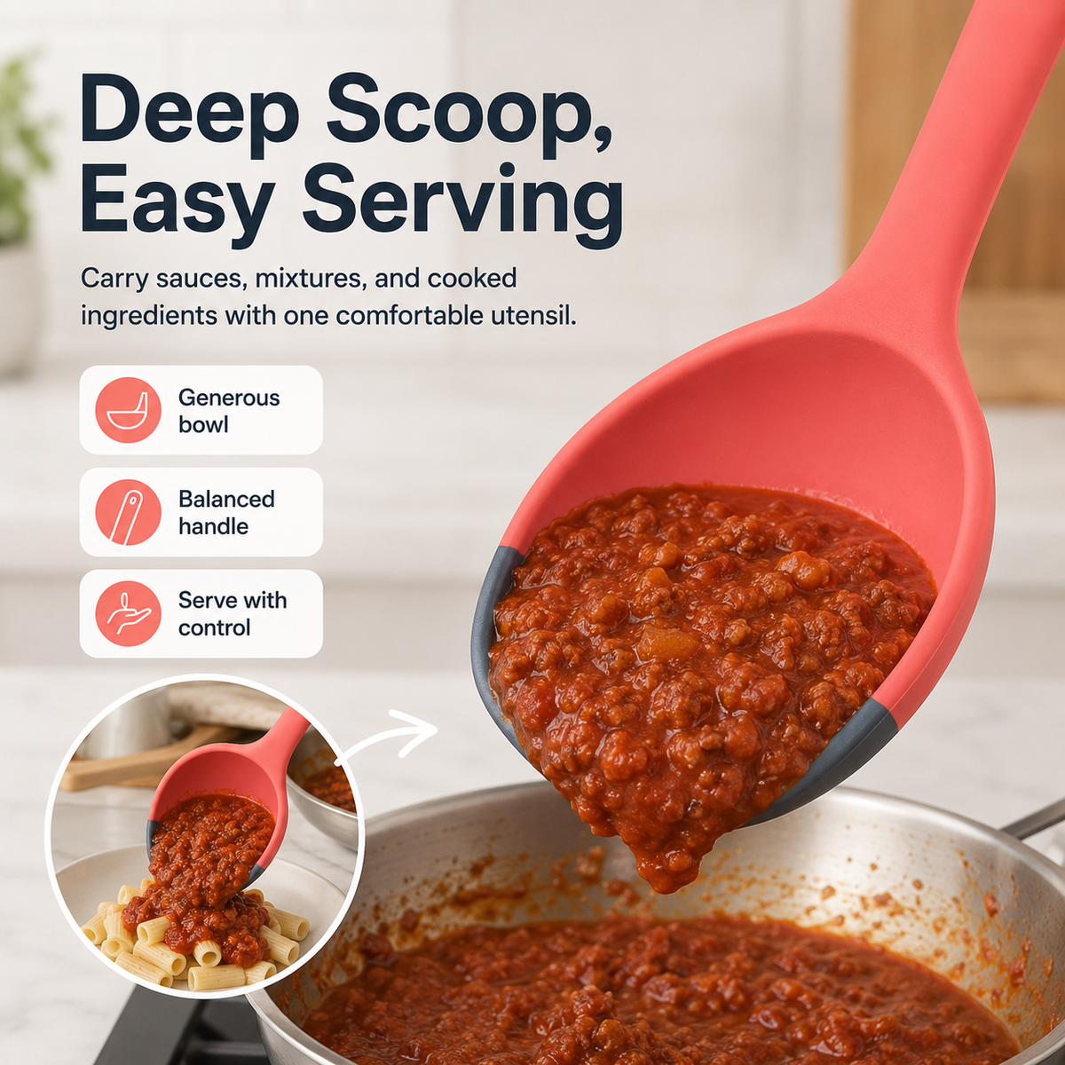 2-in-1 Silicone Scoop & Scraper Spoon – Multi-Purpose Cooking & Serving Utensil