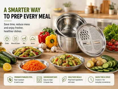 3-in-1 Stainless Steel Kitchen Prep Set – Grater, Colander & Mixing Bowl