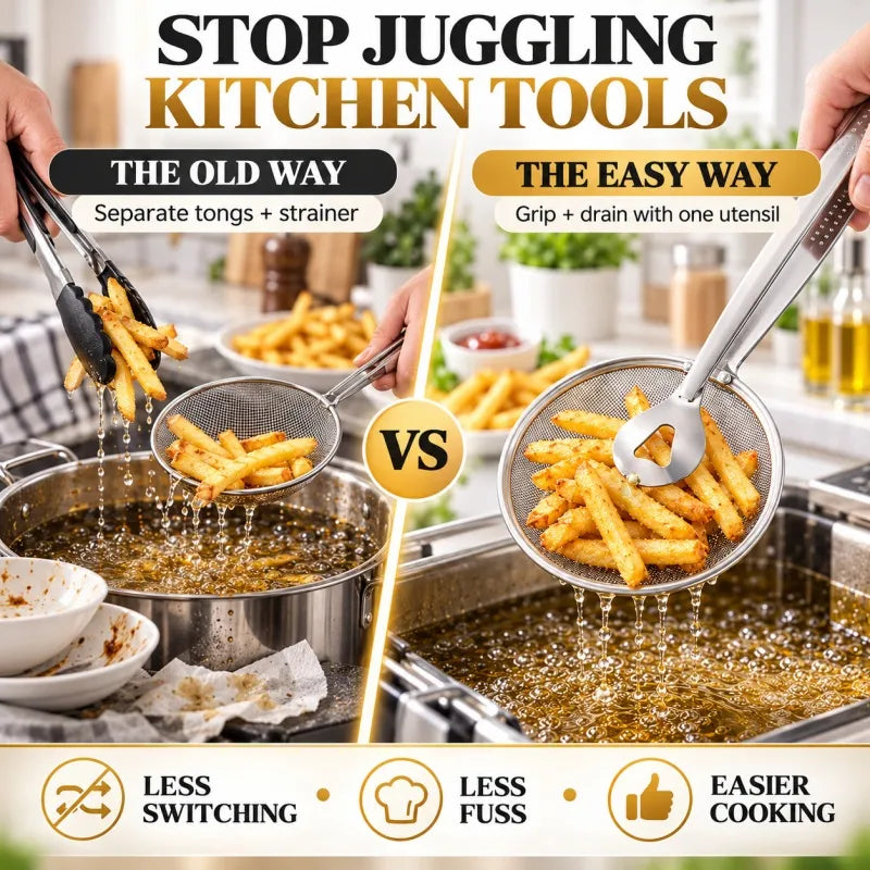 2-in-1 Spider Strainer Tongs - Stainless Steel Frying & Draining Tool
